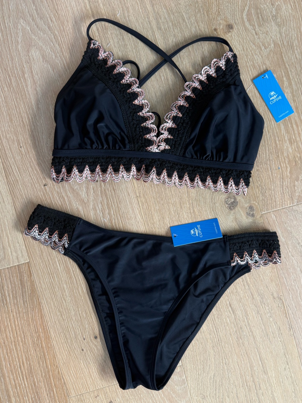 NWT Cupshe Black Crochet Trim Bikini Set One Shoulder High Waist Size Large
